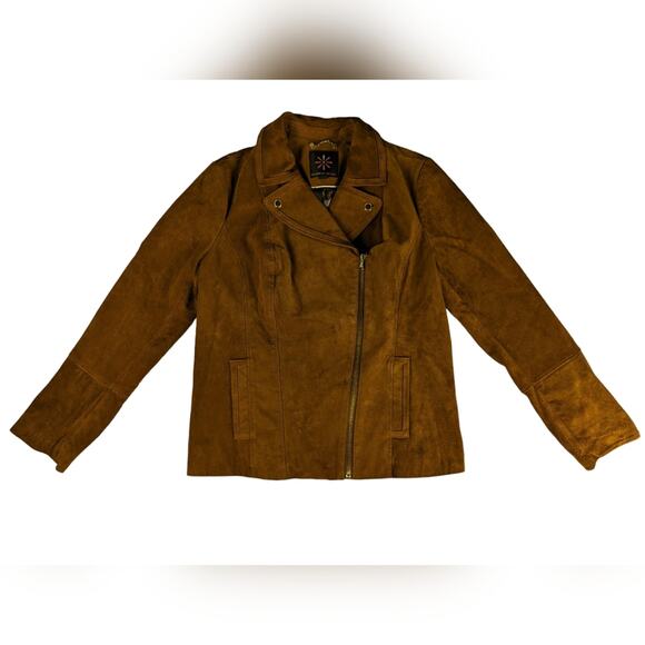 Isaac Mizrahi Camel Brown Suede Leather Asymmetrical Zip Moto Jacket - Size 10 - Picture 2 of 8